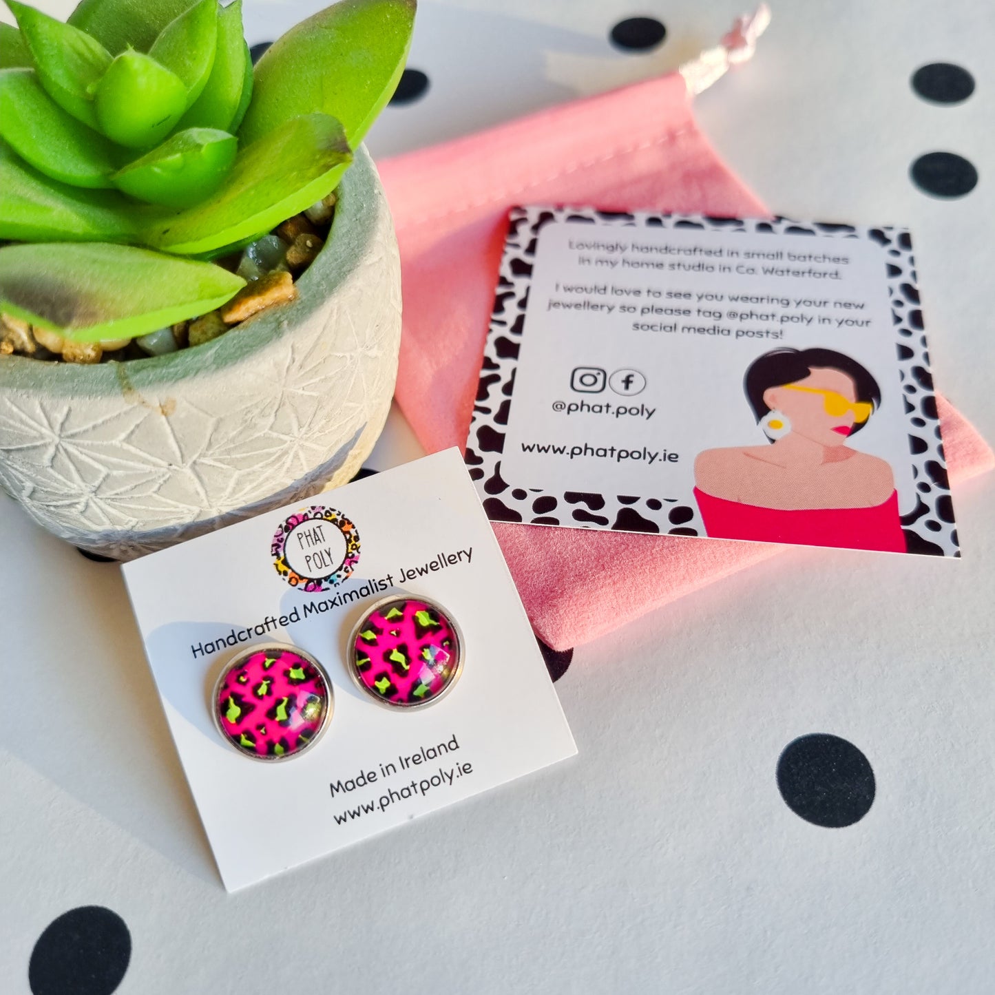 Phat Poly Leopard Print Studs - Hot Pink