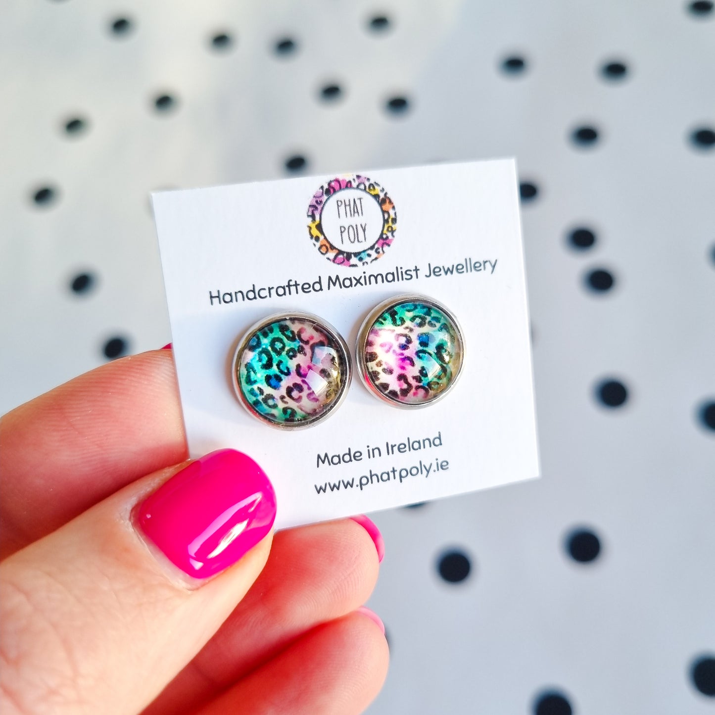 Phat Poly Leopard Print Studs - Teal & Pink