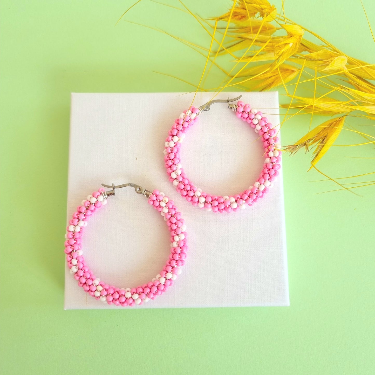 Beaded Earrings - Pink & White