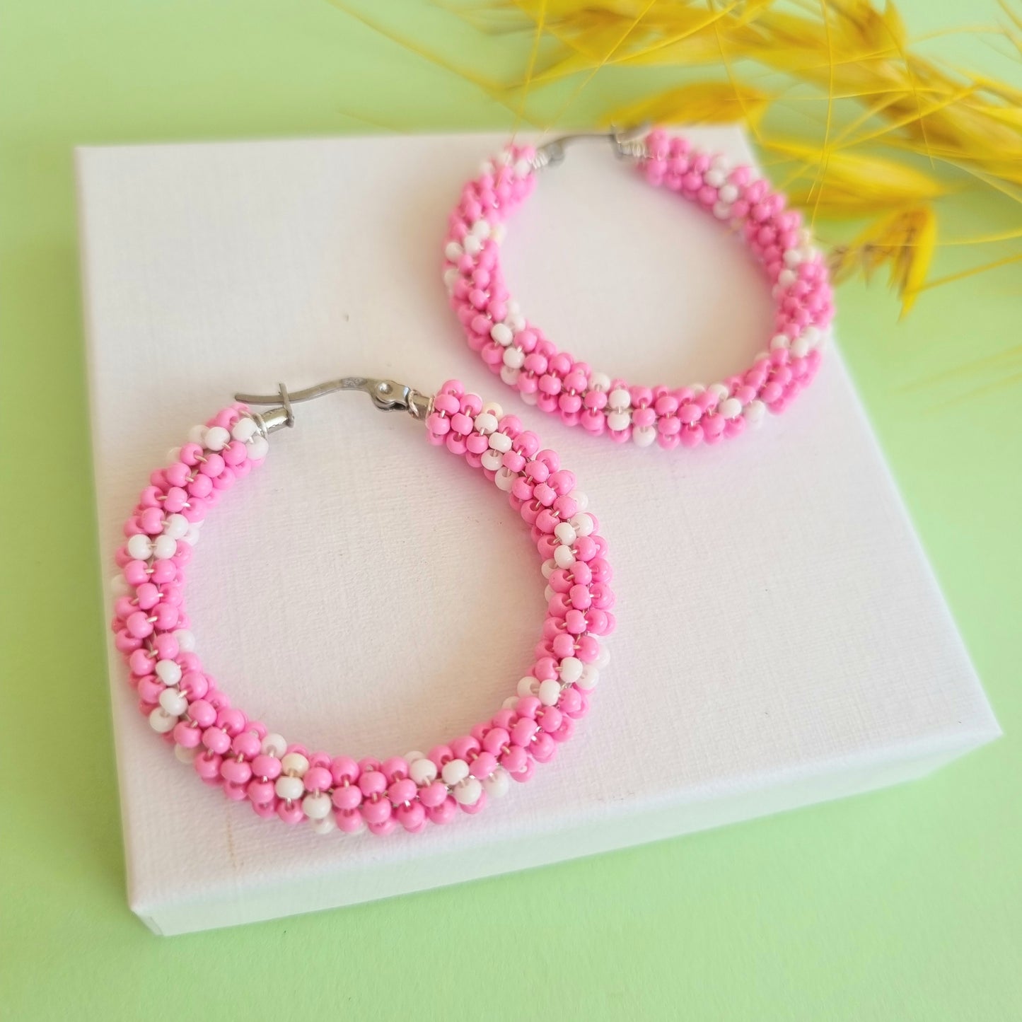 Beaded Earrings - Pink & White