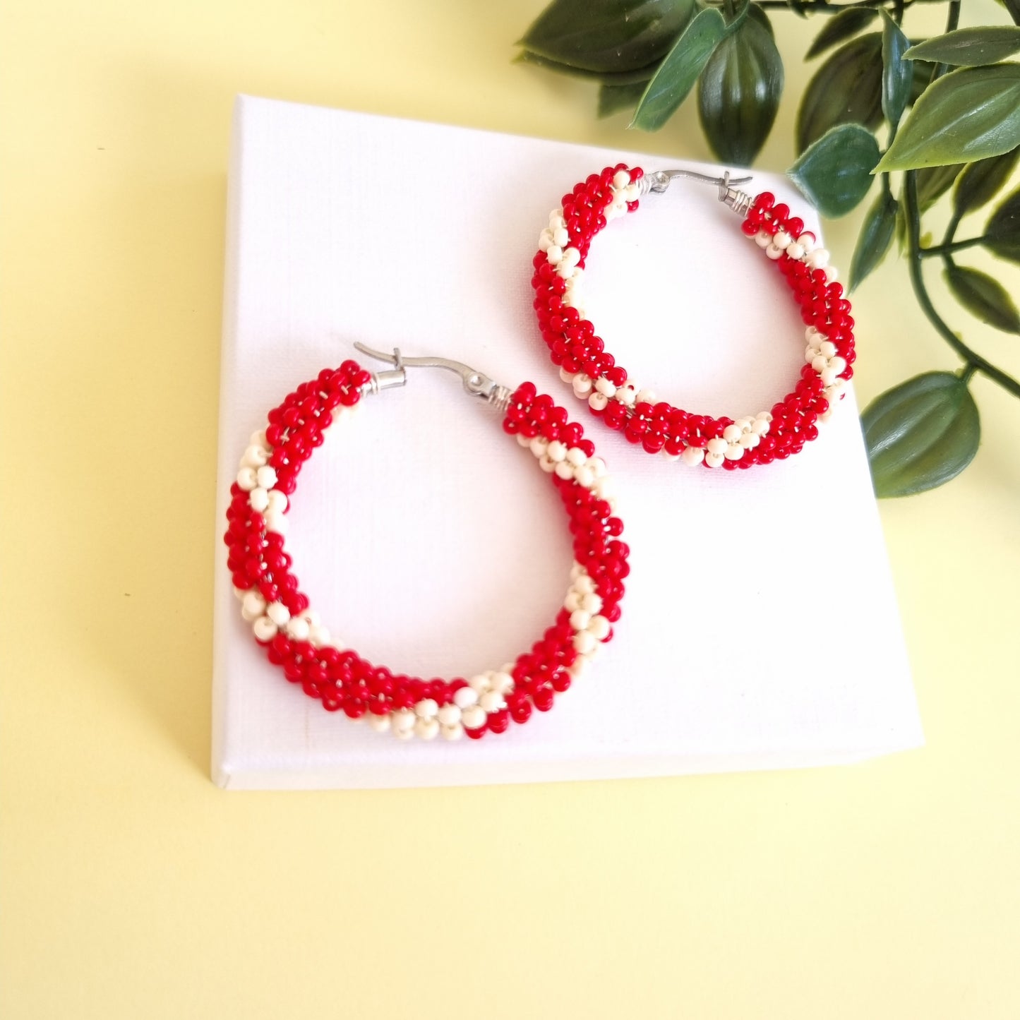 Beaded Earrings - Red & White